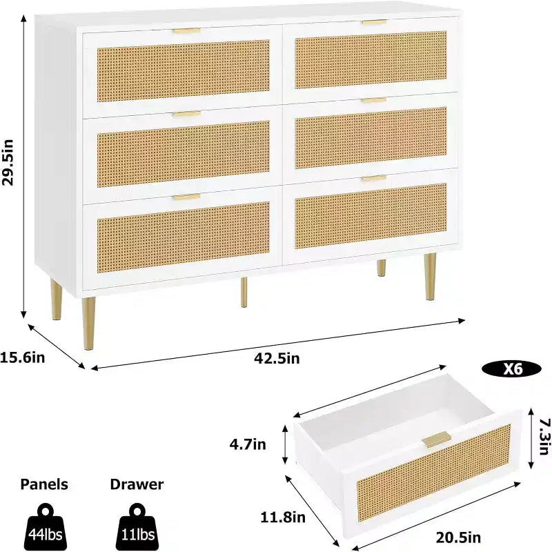 Commode GustoWave à six tiroirs en rotin naturel pour chambre à coucher, avec pieds et poignées dorés