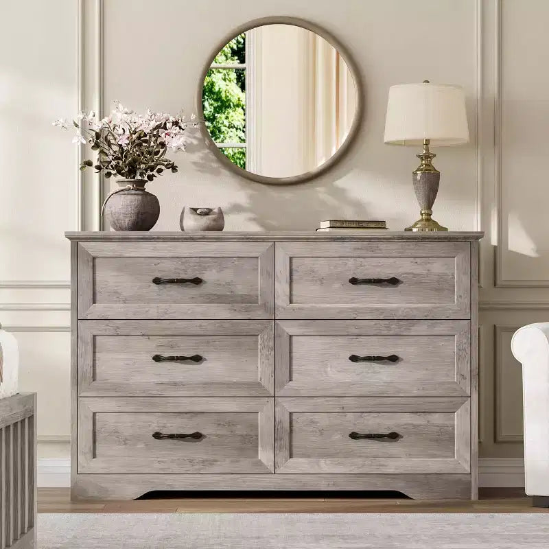 Commode avec poignées en métal, chiffonnier à 6 tiroirs, organisateur de rangement moderne, conception anti-basculement
