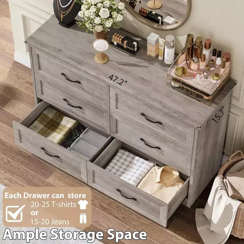 Commode avec poignées en métal, chiffonnier à 6 tiroirs, organisateur de rangement moderne, conception anti-basculement