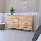Commode double moderne Okak à 6 tiroirs, armoire de rangement haute de 80,5 cm avec glissières métalliques et base surélevée, commode de chambre pour organiser les vêtements, chêne