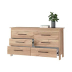 Commode double moderne Okak à 6 tiroirs, armoire de rangement haute de 80,5 cm avec glissières métalliques et base surélevée, commode de chambre pour organiser les vêtements, chêne