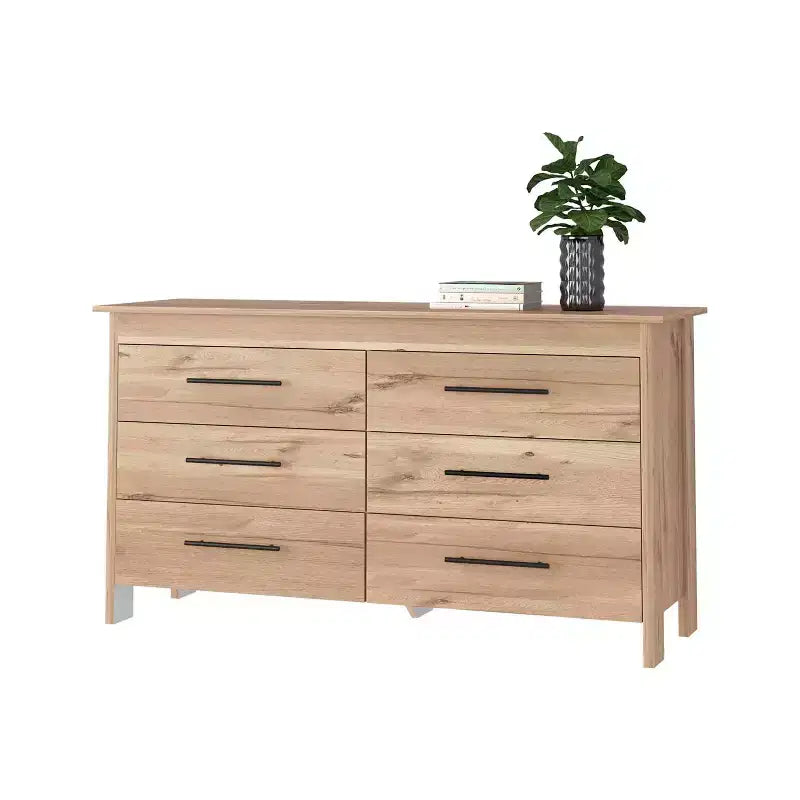 Commode double moderne Okak à 6 tiroirs, armoire de rangement haute de 80,5 cm avec glissières métalliques et base surélevée, commode de chambre pour organiser les vêtements, chêne
