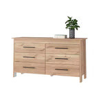 Commode double moderne Okak à 6 tiroirs, armoire de rangement haute de 80,5 cm avec glissières métalliques et base surélevée, commode de chambre pour organiser les vêtements, chêne