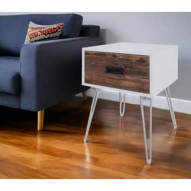 HomeRoots 23 Table d'appoint carrée en bois et métal marron et blanc avec tiroir