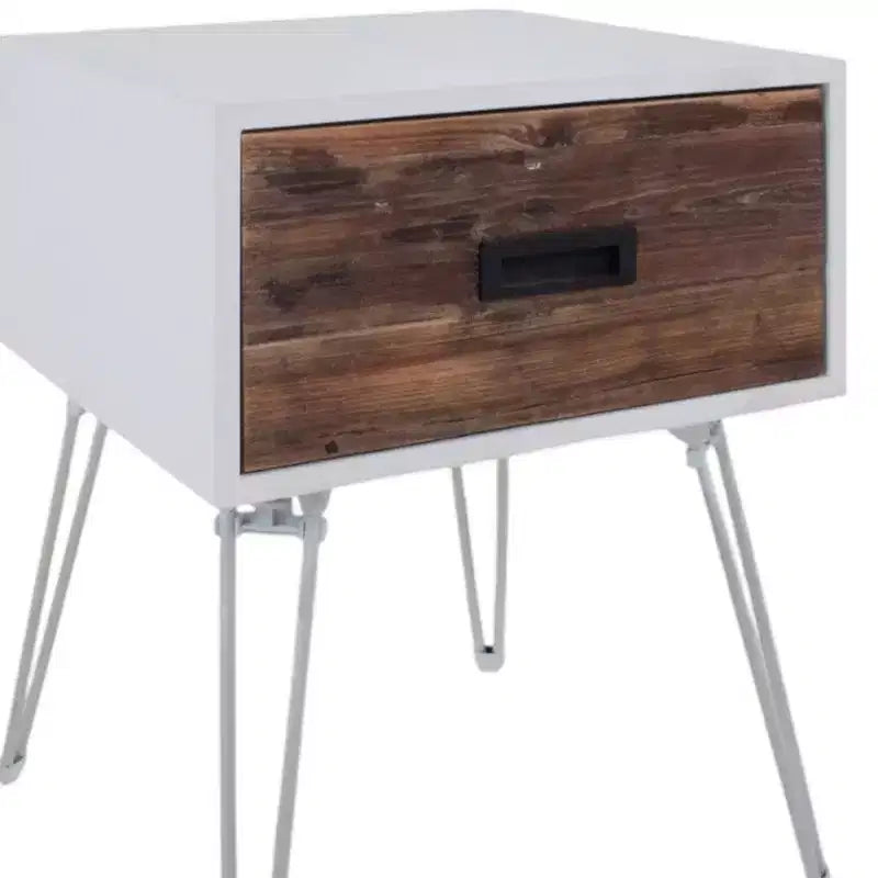 HomeRoots 23 Table d'appoint carrée en bois et métal marron et blanc avec tiroir