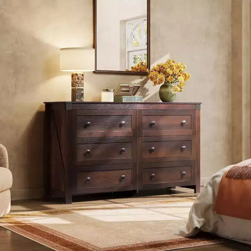 Commode en bois à 6 tiroirs GALAXHERO Farmhouse, organiseur de rangement de 134,8 cm de large avec double poignée rustique Meuble TV pour téléviseur de 60 pouces