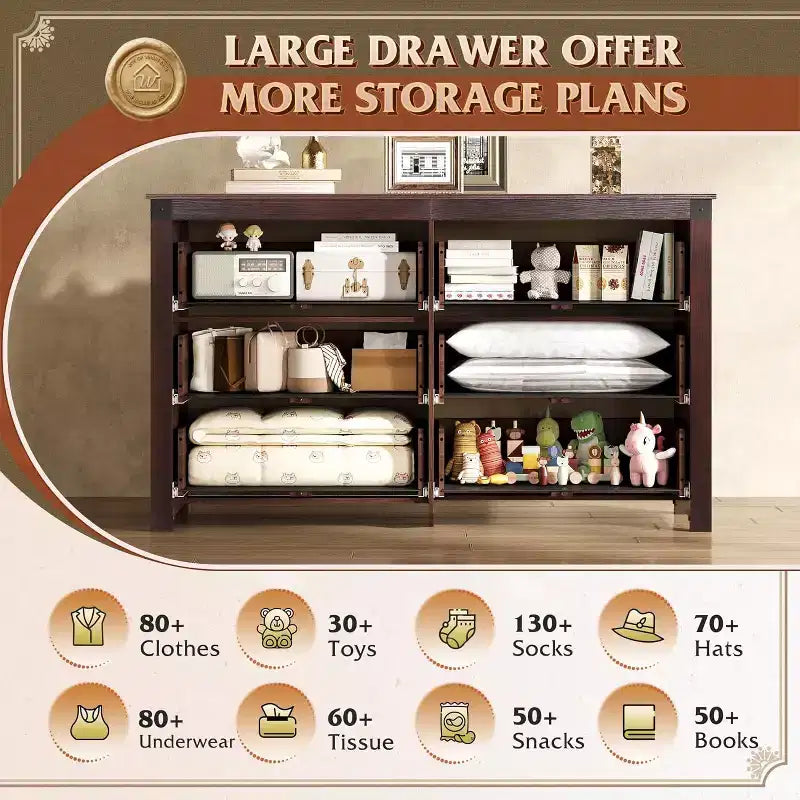Commode en bois à 6 tiroirs GALAXHERO Farmhouse, organiseur de rangement de 134,8 cm de large avec double poignée rustique Meuble TV pour téléviseur de 60 pouces