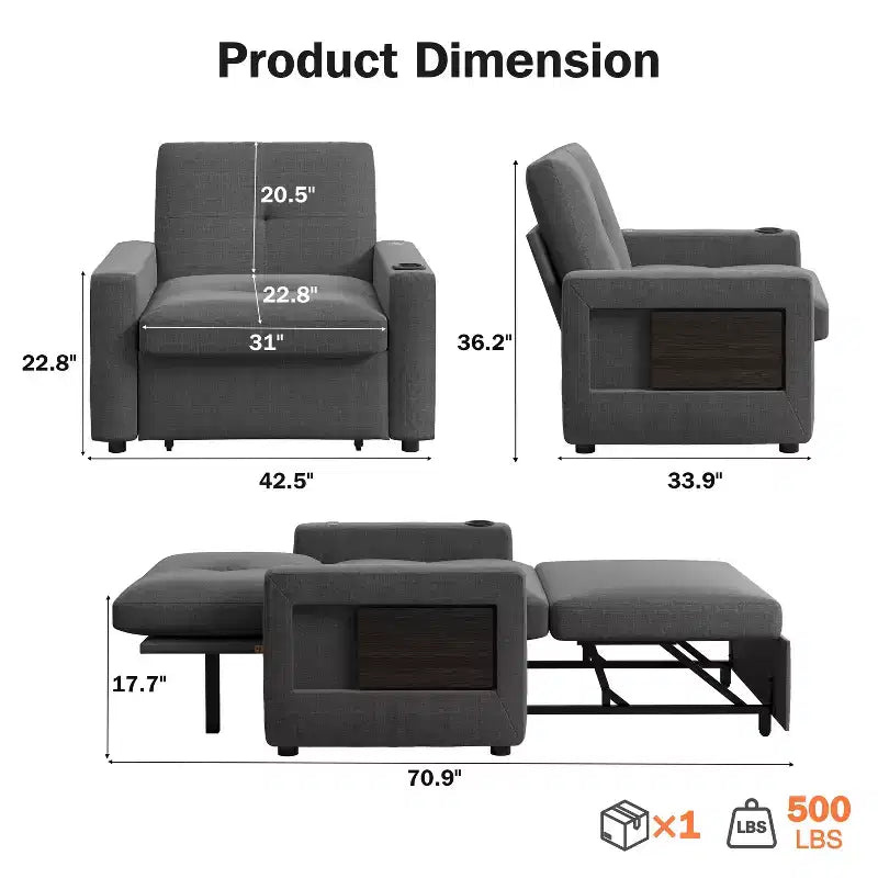 Canapé-lit 3-en-1 Dyonery, fauteuil convertible de 108 cm de large avec lit gigogne et tablette rabattable, porte-gobelet, dossier réglable, poches latérales