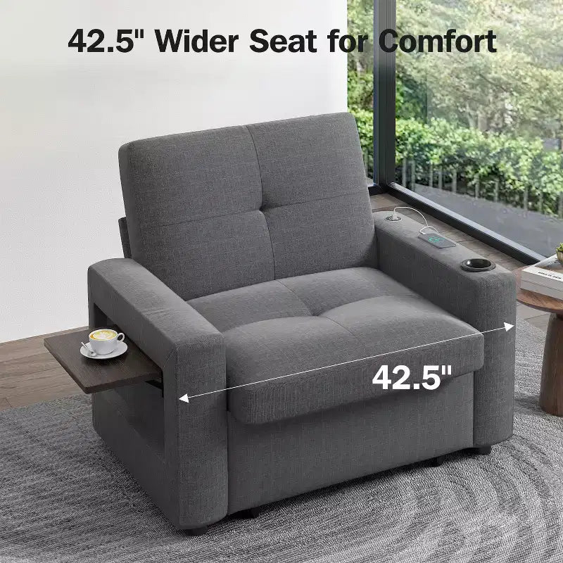 Canapé-lit 3-en-1 Dyonery, fauteuil convertible de 108 cm de large avec lit gigogne et tablette rabattable, porte-gobelet, dossier réglable, poches latérales