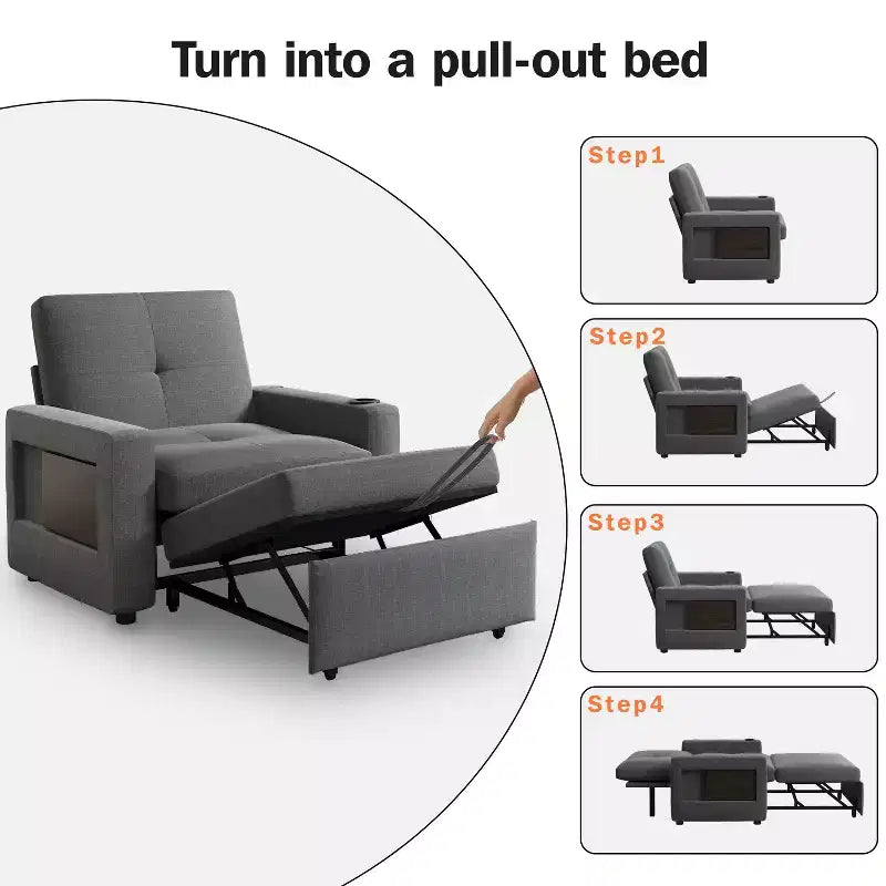 Canapé-lit 3-en-1 Dyonery, fauteuil convertible de 108 cm de large avec lit gigogne et tablette rabattable, porte-gobelet, dossier réglable, poches latérales
