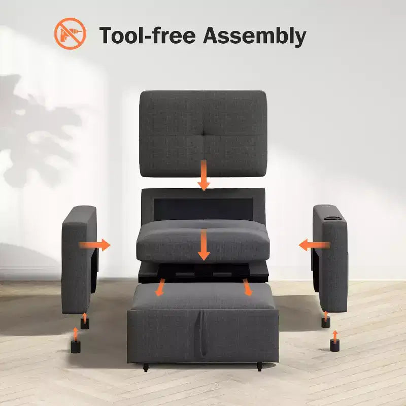 Canapé-lit 3-en-1 Dyonery, fauteuil convertible de 108 cm de large avec lit gigogne et tablette rabattable, porte-gobelet, dossier réglable, poches latérales