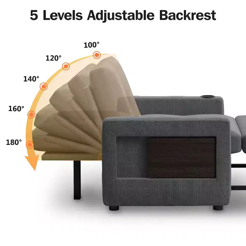 Canapé-lit 3-en-1 Dyonery, fauteuil convertible de 108 cm de large avec lit gigogne et tablette rabattable, porte-gobelet, dossier réglable, poches latérales