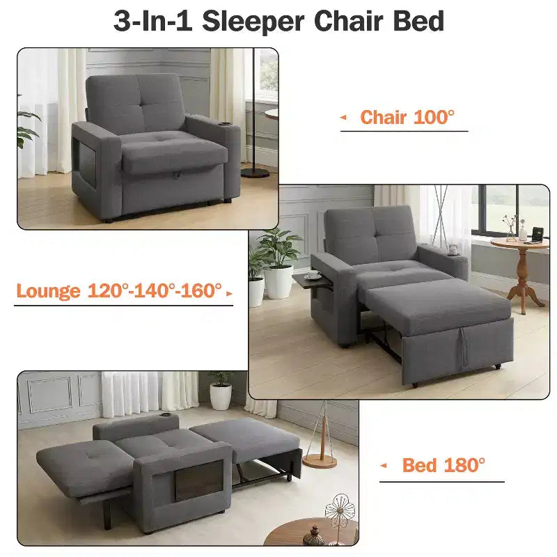Canapé-lit 3-en-1 Dyonery, fauteuil convertible de 108 cm de large avec lit gigogne et tablette rabattable, porte-gobelet, dossier réglable, poches latérales