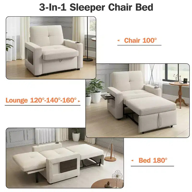 Canapé-lit 3-en-1 Dyonery, fauteuil convertible de 108 cm de large avec lit gigogne et tablette rabattable, porte-gobelet, dossier réglable, poches latérales