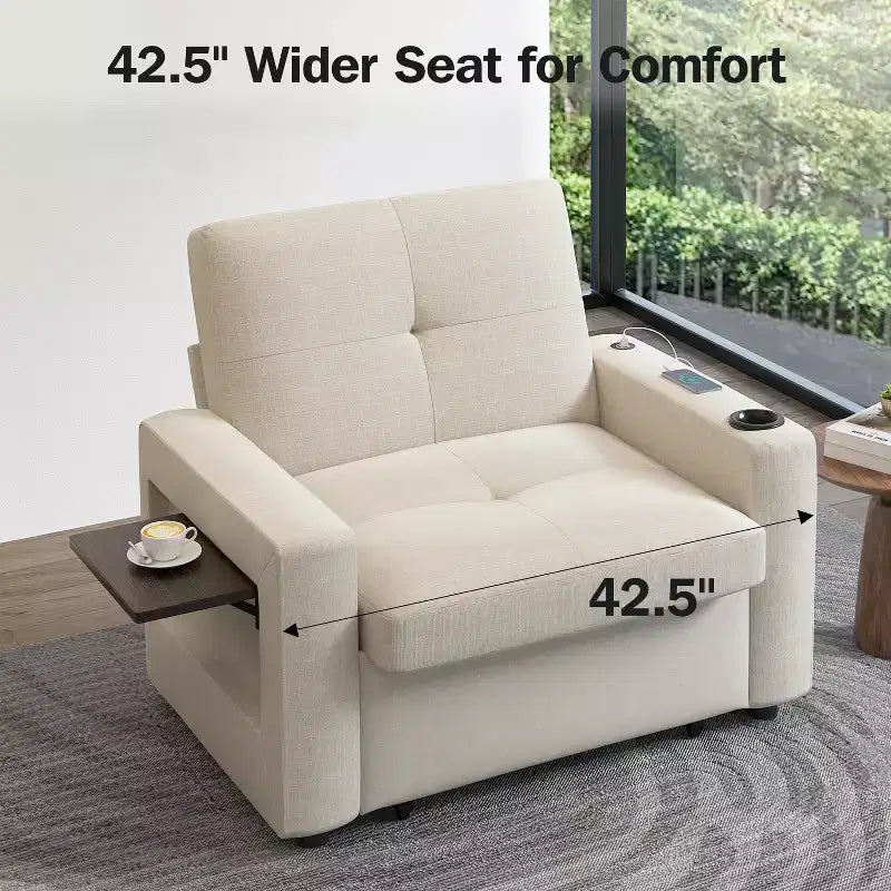 Canapé-lit 3-en-1 Dyonery, fauteuil convertible de 108 cm de large avec lit gigogne et tablette rabattable, porte-gobelet, dossier réglable, poches latérales