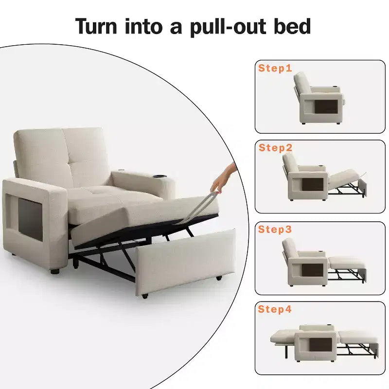 Canapé-lit 3-en-1 Dyonery, fauteuil convertible de 108 cm de large avec lit gigogne et tablette rabattable, porte-gobelet, dossier réglable, poches latérales