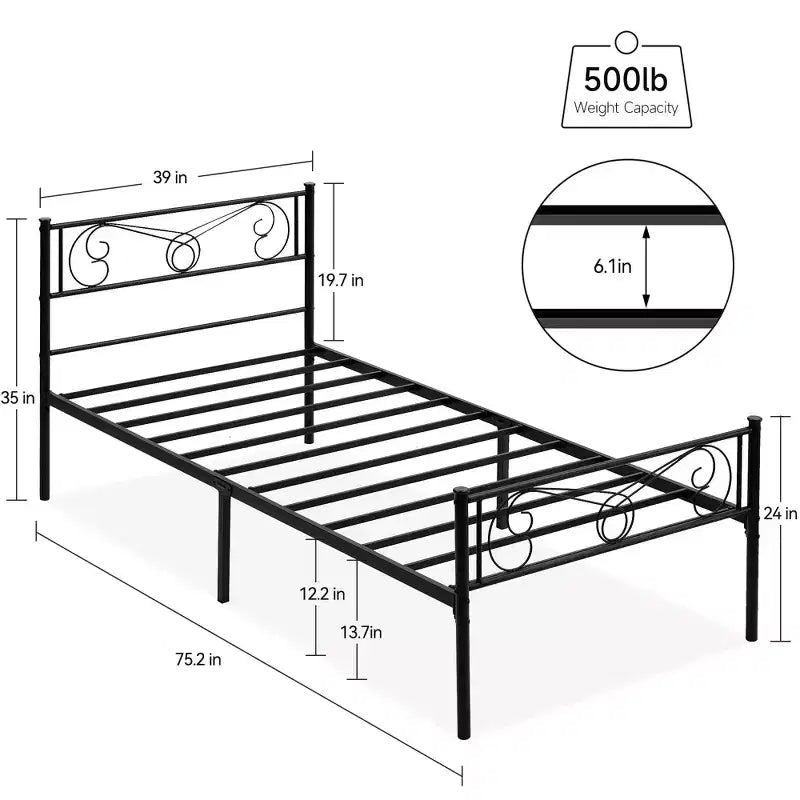 Cadre de lit en métal avec tête et pied de lit, espace de rangement de 30 cm - Support à lattes en acier robuste, silencieux et facile à assembler