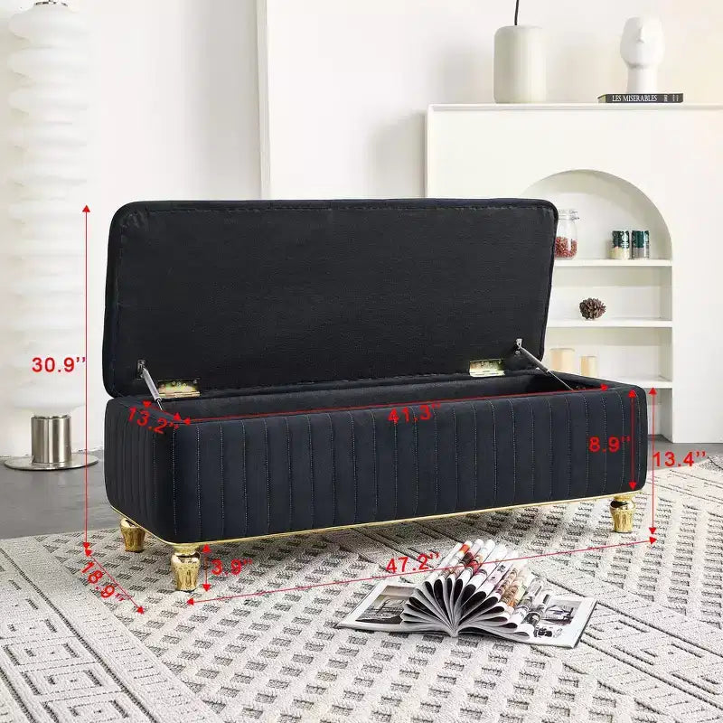 Banc ottoman de rangement Okak de luxe moderne avec plateau rabattable, capitonnage profond, décor doré et pieds en métal, rembourré pour salon et chambre à coucher