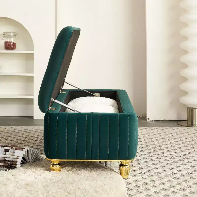 Banc ottoman de rangement Okak de luxe moderne avec plateau rabattable, capitonnage profond, décor doré et pieds en métal, rembourré pour salon et chambre à coucher