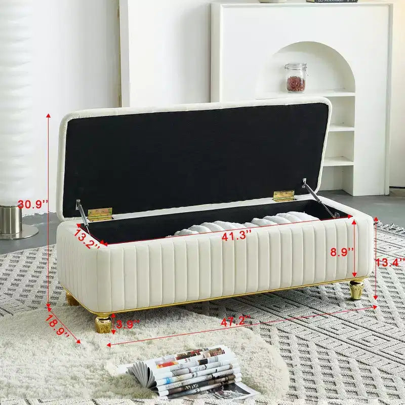 Banc ottoman de rangement Okak de luxe moderne avec plateau rabattable, capitonnage profond, décor doré et pieds en métal, rembourré pour salon et chambre à coucher