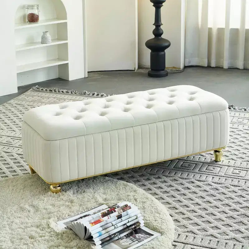 Okak Modern Luxury Flip Top Deep Button Ottoman Bench with Gold Decor & Metal Legs,Upholstered Storage Bench for Living Room,Bedroom