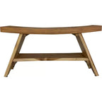 HomeRoots 35 Teak Rectangular Shower Outdoor Bench With Shelf In Natural Finish