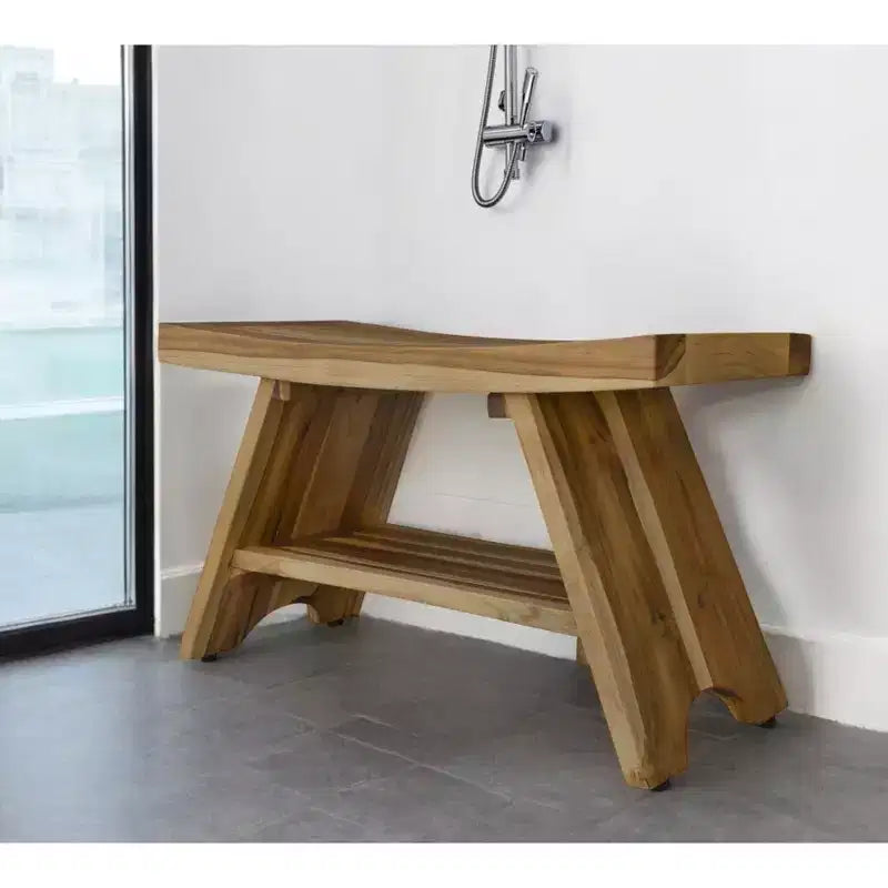 Banc de douche d'extérieur rectangulaire HomeRoots 35 en teck avec étagère, finition naturelle