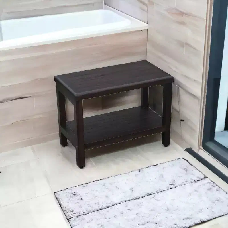 Banc de douche rectangulaire en teck HomeRoots avec étagère, finition marron