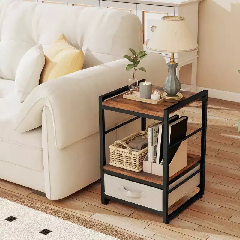 Table de Chevet Industrielle Costway avec Étagère de Rangement Ouverte et Tiroir en Tissu pour Salon Marron Rustique