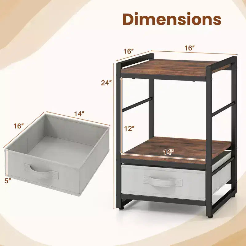Table de Chevet Industrielle Costway avec Étagère de Rangement Ouverte et Tiroir en Tissu pour Salon Marron Rustique