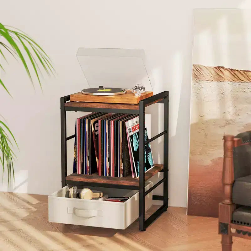 Table de Chevet Industrielle Costway avec Étagère de Rangement Ouverte et Tiroir en Tissu pour Salon Marron Rustique