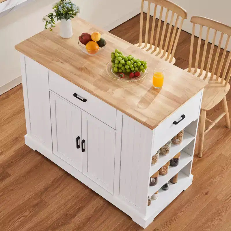 VEVOR Chariot d'îlot de cuisine, bar de petit-déjeuner avec dessus en bois de 117 cm et armoire de rangement, table de cuisine de style ferme avec étagère réglable, tiroir, blanc