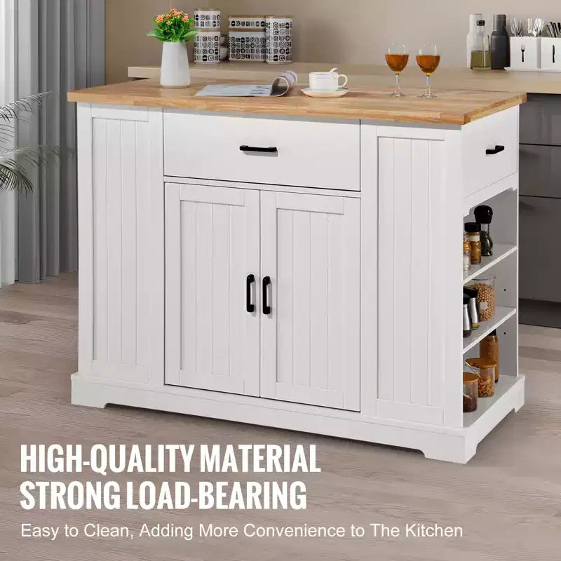 VEVOR Chariot d'îlot de cuisine, bar de petit-déjeuner avec dessus en bois de 117 cm et armoire de rangement, table de cuisine de style ferme avec étagère réglable, tiroir, blanc