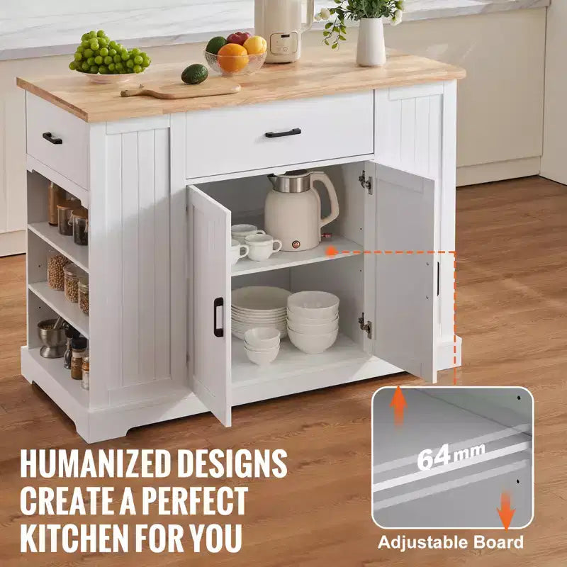 VEVOR Chariot d'îlot de cuisine, bar de petit-déjeuner avec dessus en bois de 117 cm et armoire de rangement, table de cuisine de style ferme avec étagère réglable, tiroir, blanc