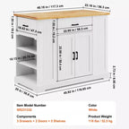 VEVOR Chariot d'îlot de cuisine, bar de petit-déjeuner avec dessus en bois de 117 cm et armoire de rangement, table de cuisine de style ferme avec étagère réglable, tiroir, blanc