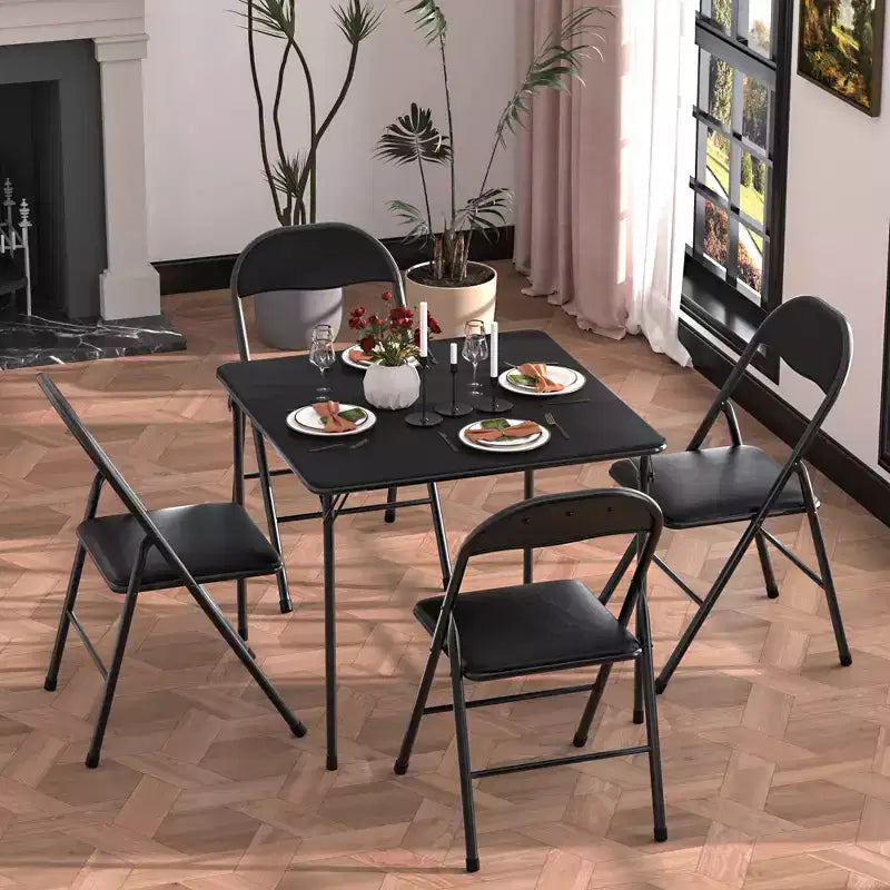 Ensemble VECELO 5 pièces, table de jeu pliable et 4 chaises, plateau de table pliable et rembourré, noir
