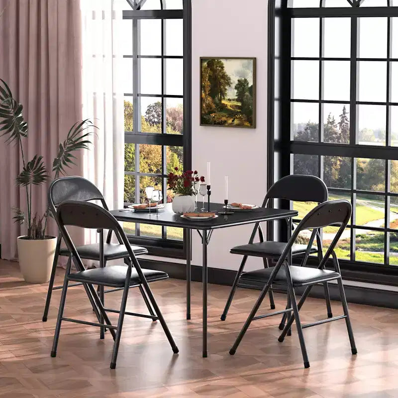 Ensemble VECELO 5 pièces, table de jeu pliable et 4 chaises, plateau de table pliable et rembourré, noir