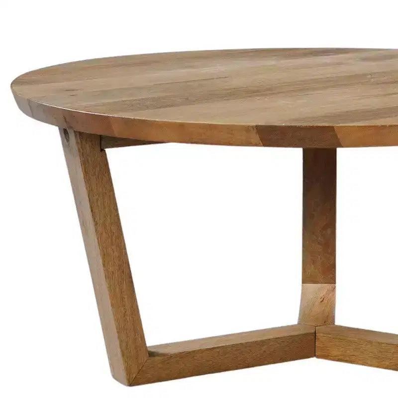 Table basse ronde Royal Hampton de 76 cm en bois de manguier fabriquée à la main avec piètement traîneau robuste à 3 pieds
