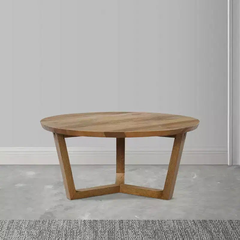 Table basse ronde Royal Hampton de 76 cm en bois de manguier fabriquée à la main avec piètement traîneau robuste à 3 pieds