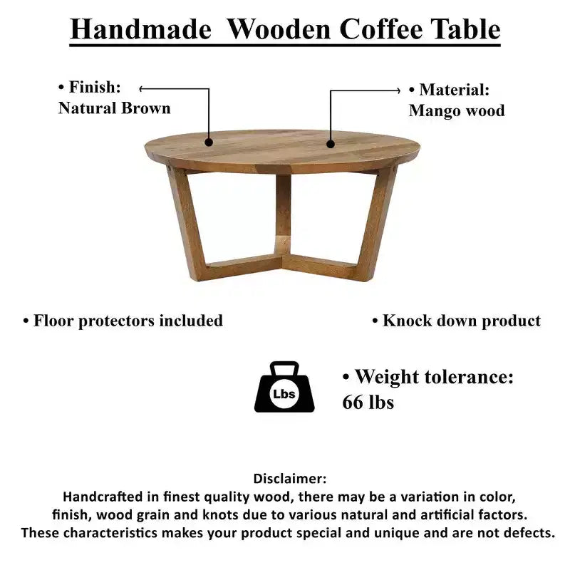 Table basse ronde Royal Hampton de 76 cm en bois de manguier fabriquée à la main avec piètement traîneau robuste à 3 pieds