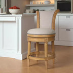 Chaise de bar pivotante HomeRoots 25 en tissu beige et naturel et bois massif, hauteur comptoir