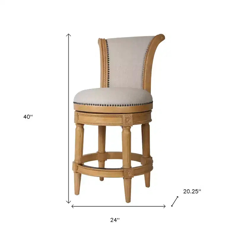 Chaise de bar pivotante HomeRoots 25 en tissu beige et naturel et bois massif, hauteur comptoir