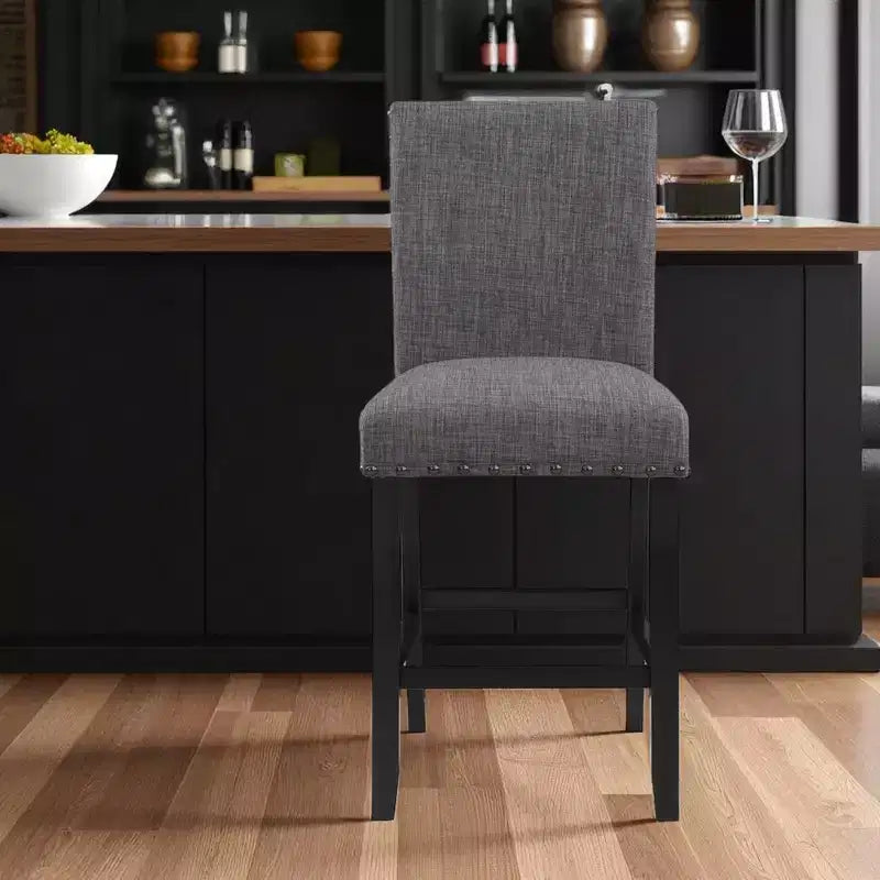 HomeRoots Chaise de bar hauteur comptoir, 26, grise et noire, en bois et tissu