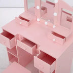 Coiffeuse avec grand miroir, 6 tiroirs de rangement, éclairage réglable 3 couleurs, étagères ouvertes, contrôle de la luminosité, naturel