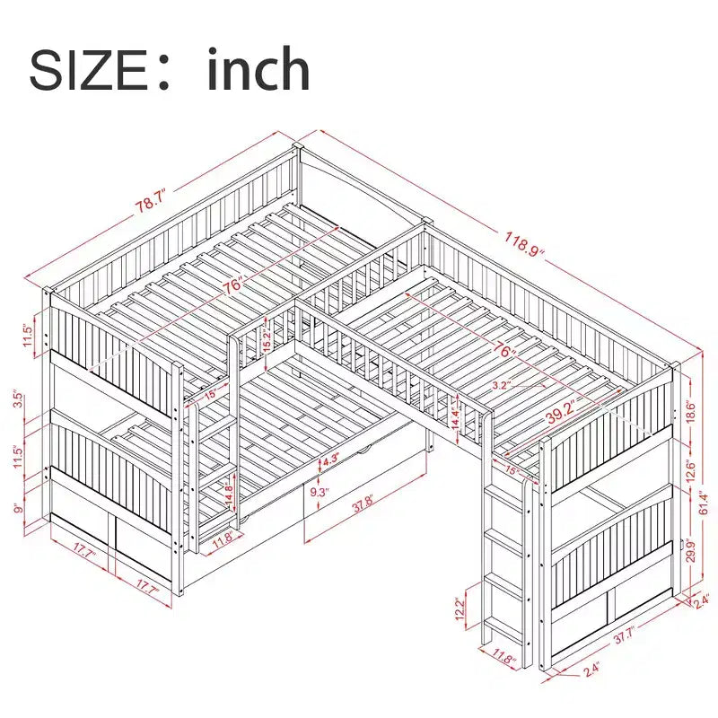 Okak Lit superposé double avec lit mezzanine attaché, Lits superposés en bois massif avec deux tiroirs et escalier pour enfants, filles, garçons, montage facile