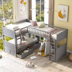 Okak Lit superposé double avec lit mezzanine attaché, Lits superposés en bois massif avec deux tiroirs et escalier pour enfants, filles, garçons, montage facile