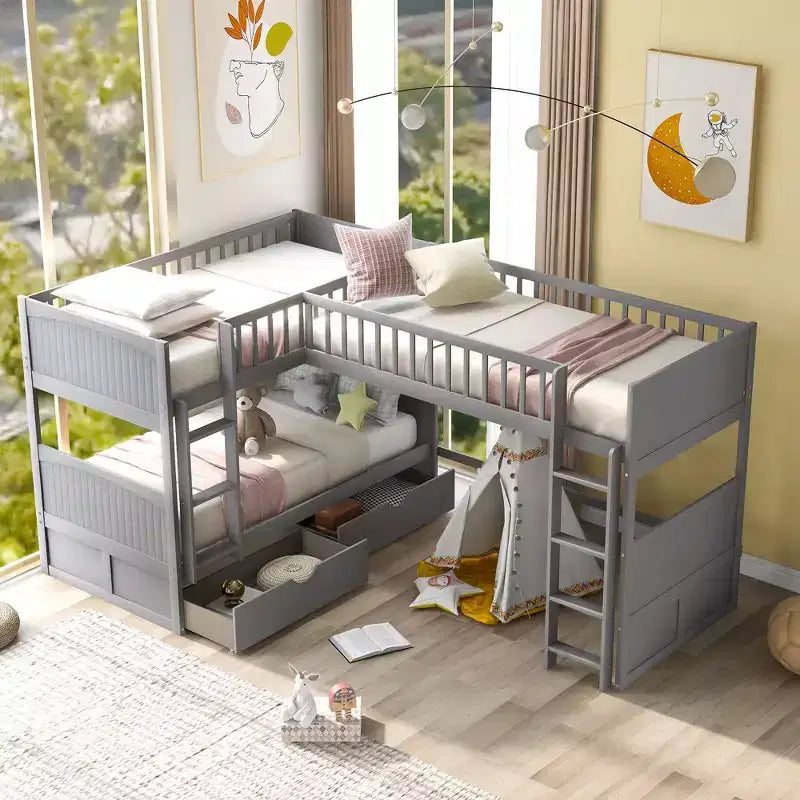 Okak Lit superposé double avec lit mezzanine attaché, Lits superposés en bois massif avec deux tiroirs et escalier pour enfants, filles, garçons, montage facile