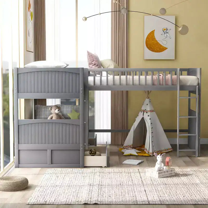Okak Lit superposé double avec lit mezzanine attaché, Lits superposés en bois massif avec deux tiroirs et escalier pour enfants, filles, garçons, montage facile