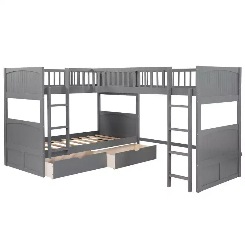 Okak Lit superposé double avec lit mezzanine attaché, Lits superposés en bois massif avec deux tiroirs et escalier pour enfants, filles, garçons, montage facile