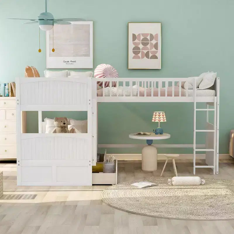 Okak Lit superposé double avec lit mezzanine attaché, Lits superposés en bois massif avec deux tiroirs et escalier pour enfants, filles, garçons, montage facile